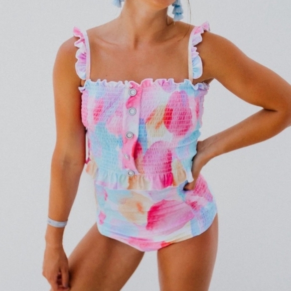 Rad Swim Betsy Smocked Ruffle Trim Tankini Swim Set M - Picture 2 of 9
